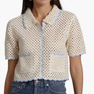 NWOT Avec Les Filles Crochet Scallop Pocket Short Sleeve Cardigan, Cream & Blue